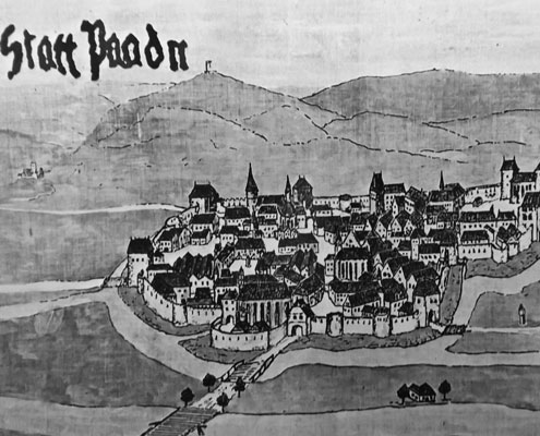 Die Stadt Baden in einer zeitgenössischen Darstellung 1482 (Foto: wikimedia commons) Die Stadt Baden in einer zeitgenössischen Darstellung 1482 (Foto: wikimedia commons)